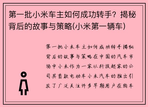 第一批小米车主如何成功转手？揭秘背后的故事与策略(小米第一辆车)