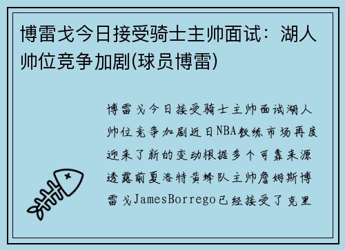 博雷戈今日接受骑士主帅面试：湖人帅位竞争加剧(球员博雷)