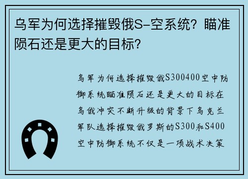 乌军为何选择摧毁俄S-空系统？瞄准陨石还是更大的目标？