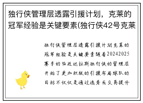 独行侠管理层透露引援计划，克莱的冠军经验是关键要素(独行侠42号克莱伯)