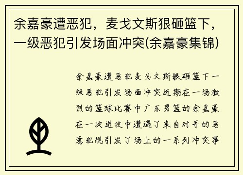 余嘉豪遭恶犯，麦戈文斯狠砸篮下，一级恶犯引发场面冲突(余嘉豪集锦)