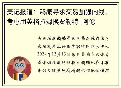 美记报道：鹈鹕寻求交易加强内线，考虑用英格拉姆换贾勒特-阿伦