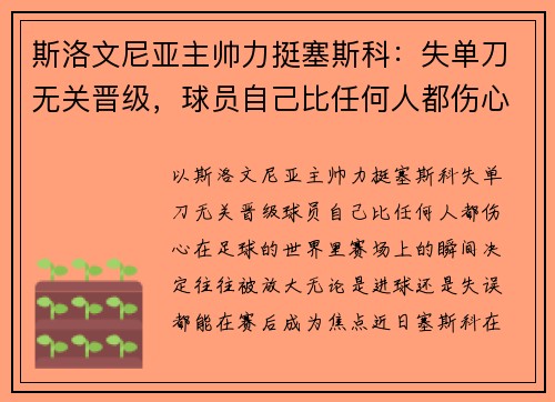 斯洛文尼亚主帅力挺塞斯科：失单刀无关晋级，球员自己比任何人都伤心